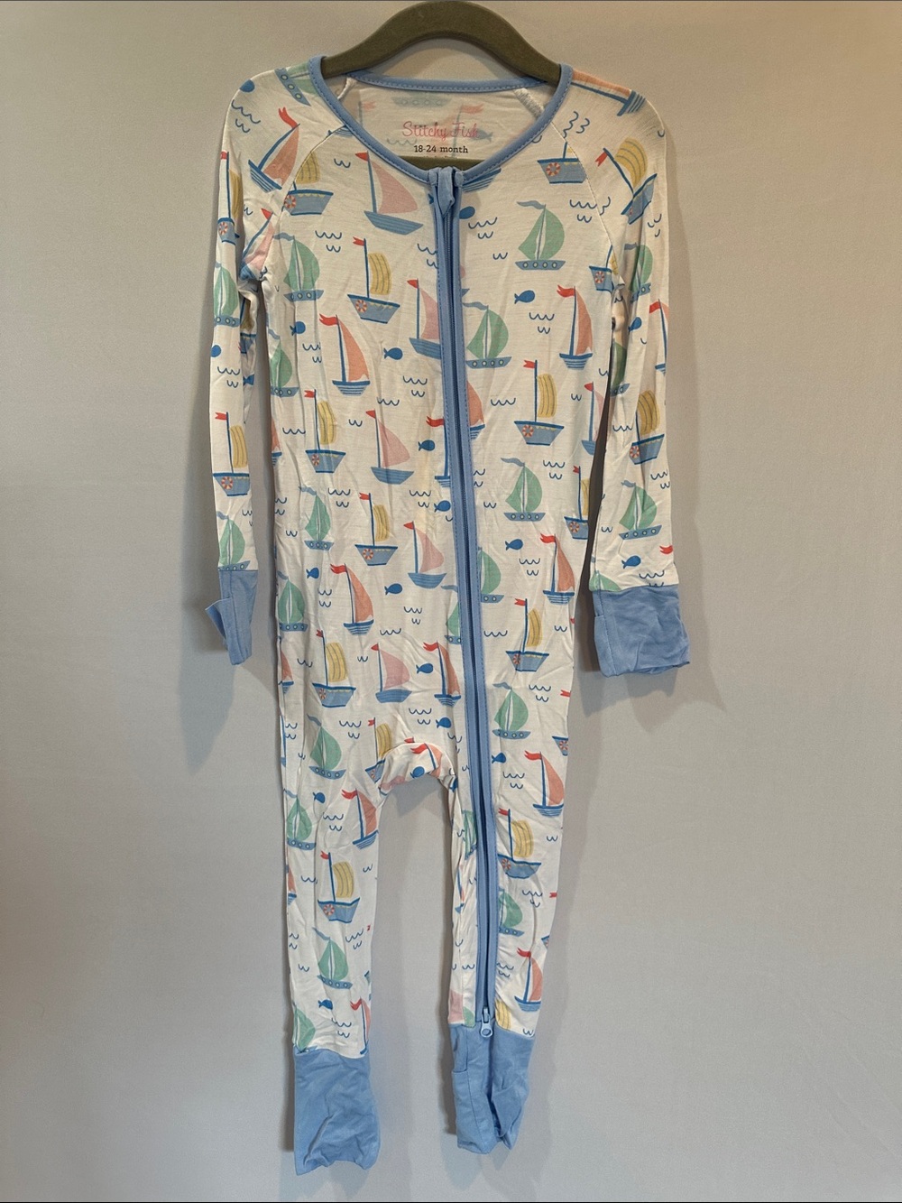 Sailboat-Print Light Blue Trim Kids Footed One-Piece (Sz 12-24M)